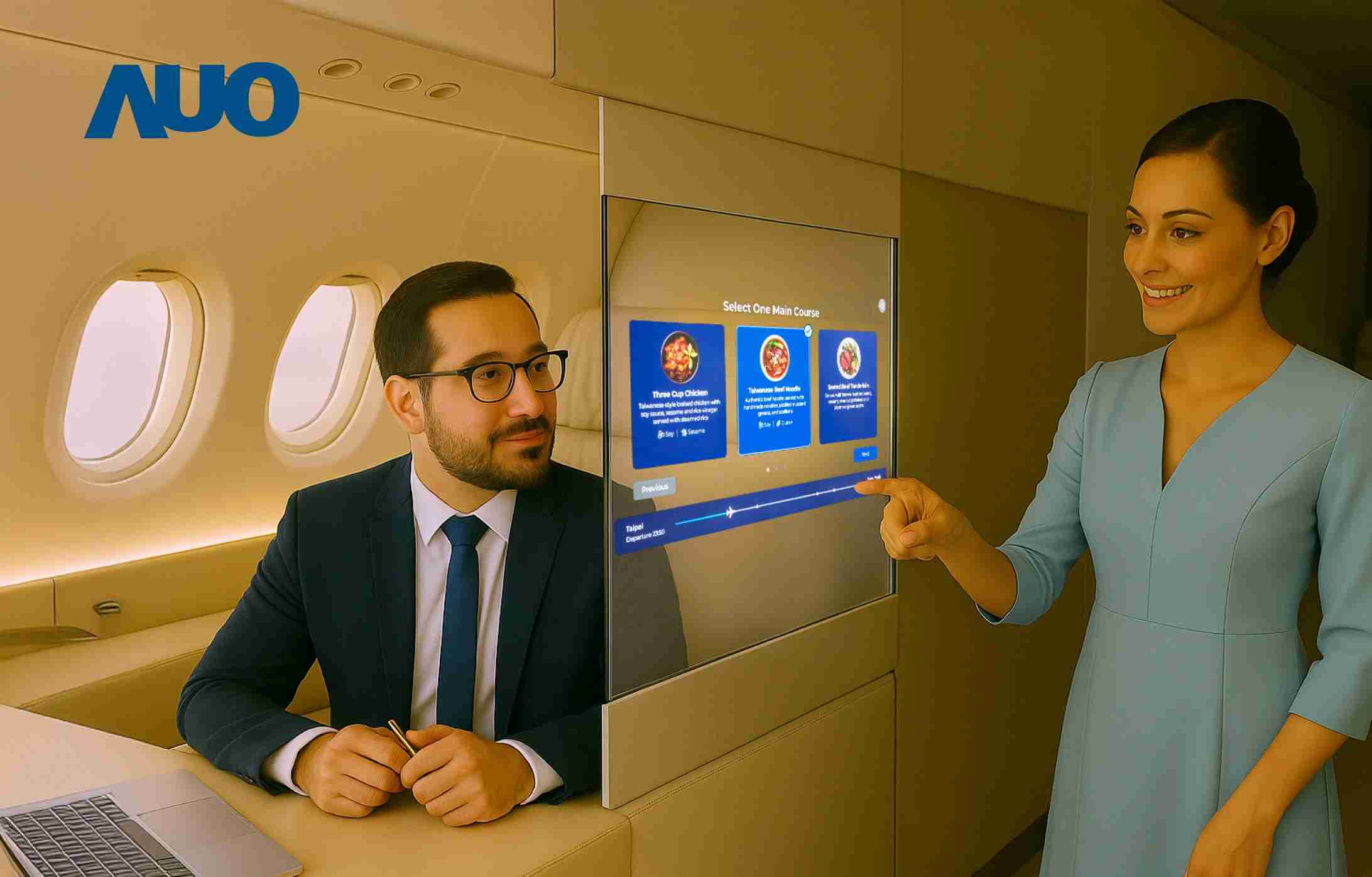 菠菜论坛研发全球最薄17.3 吋双面透明 Micro LED 显示器，，，，可在同一屏幕之双边投射不同信息，，创造独特的”透明化”互动；图为实时翻译交流应用情境